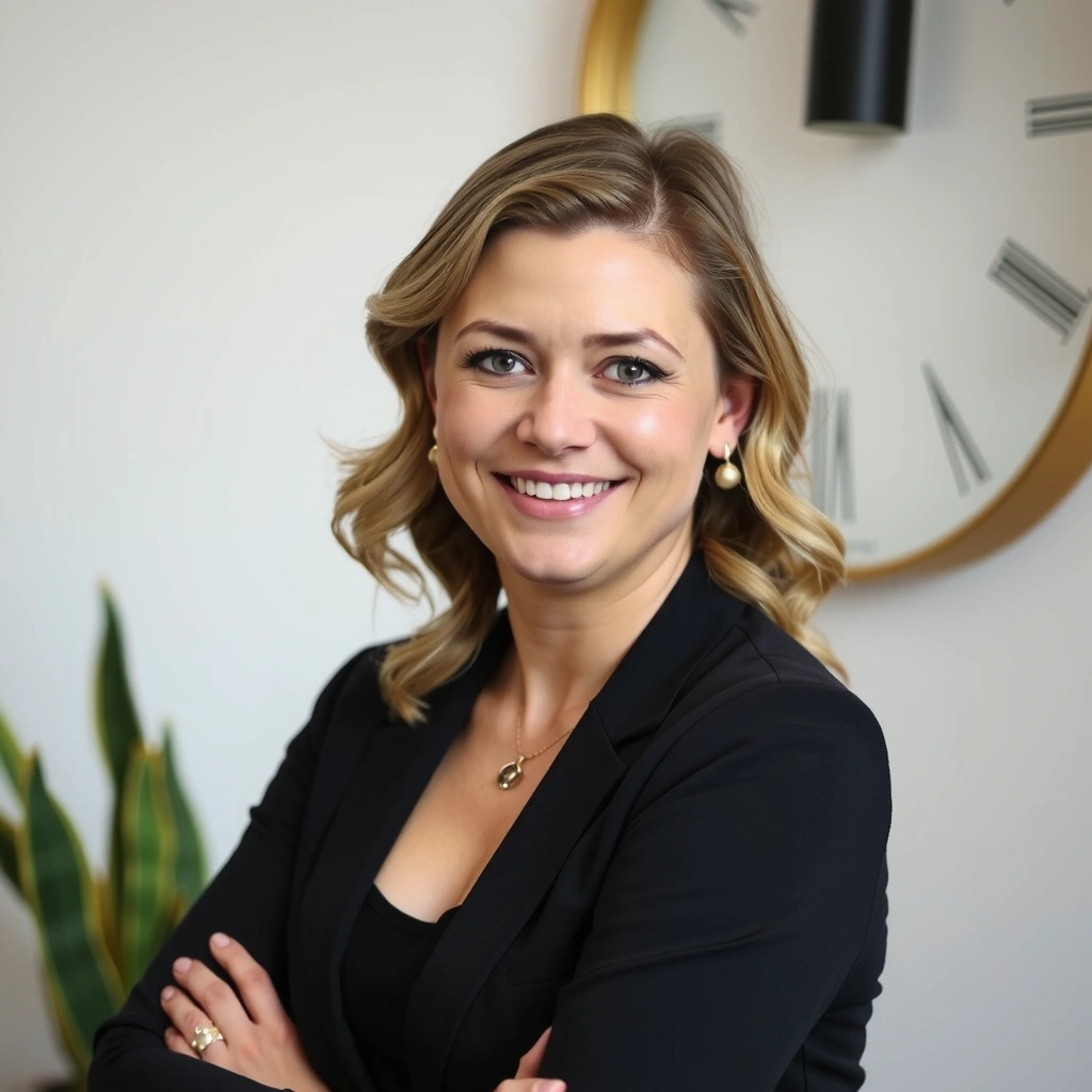 Portrait of a visionary founder, a woman with warm eyes and a confident smile, symbolizing leadership at Health & Glow Hungary.