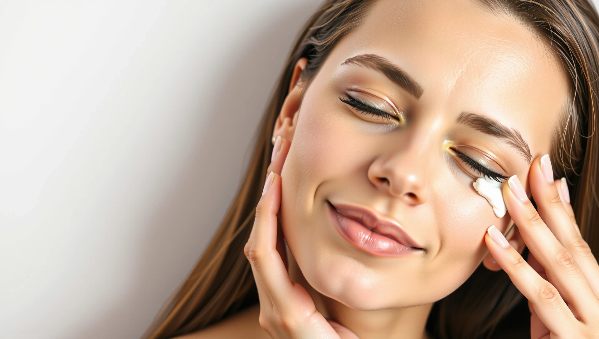 A serene woman applying a luxurious facial cream, surrounded by soft lighting to highlight skin radiance.